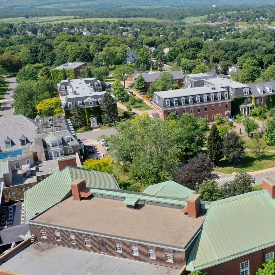 An aerial view of StFX campus including buildings and trees