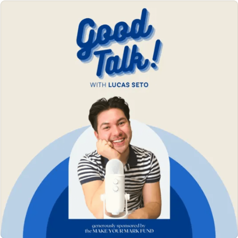 Good Talk - podcast episode promotional graphic with image of person behind microphone