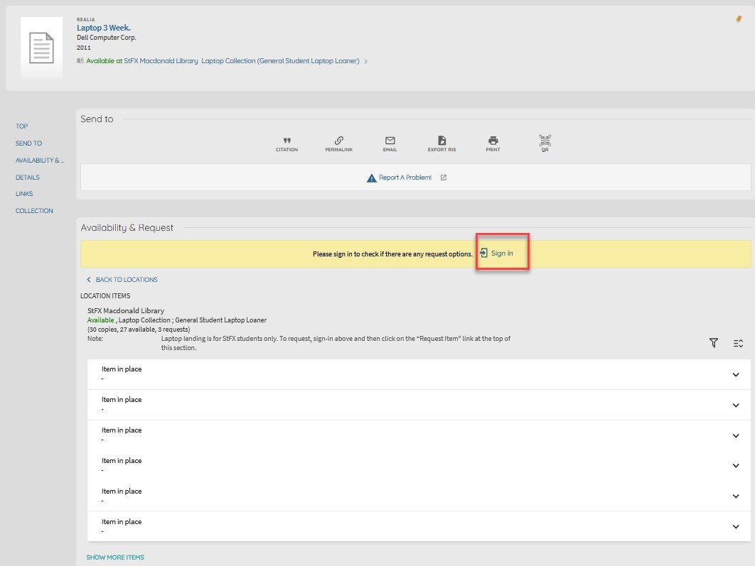 Highlighted location of the sign in link