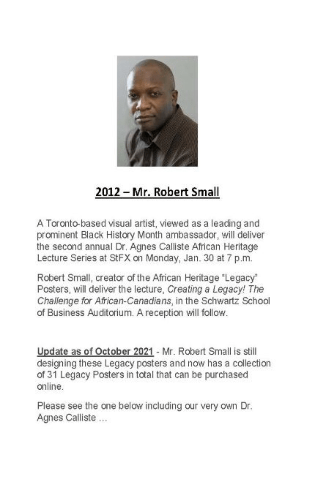 Dr. Agnes Calliste Lecture Series 2012 Poster - Robert Small