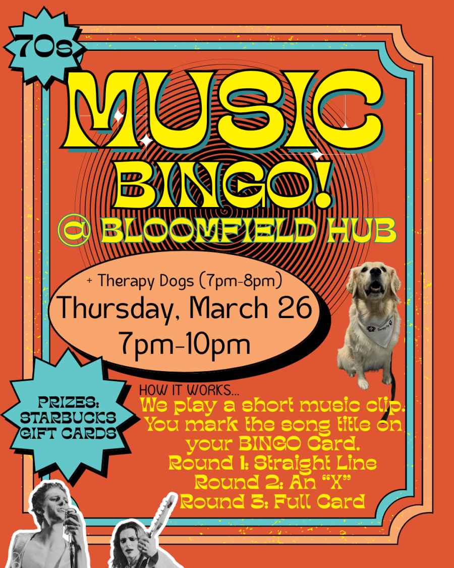 70s Music Bingo at Bloomfield Hub, Thursday, March 26, 7pm-10pm