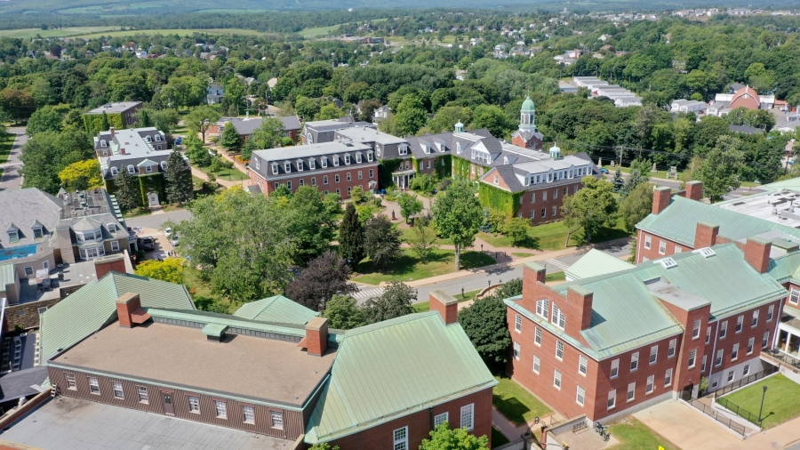 An aerial view of StFX campus including buildings and trees