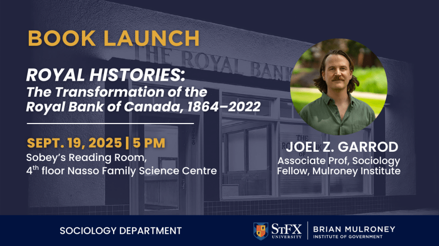 A white building with letters spelling The Royal Bank is in the background of a dark blue poster. A colour photo of a man is on the right side of the image.