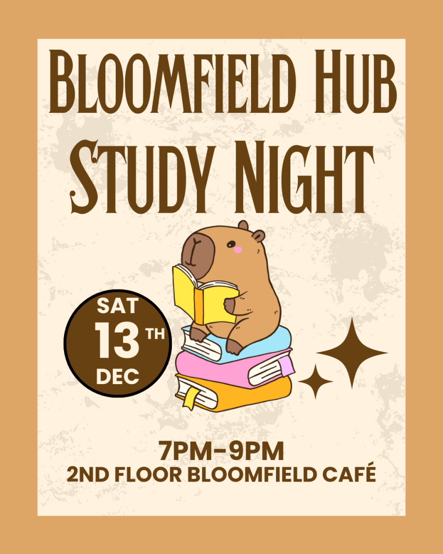 Beige background with orange border, cute animal reading a yellow book, sitting on a stack of books text inviting to December 13th Study Night at Bloomfield Hub