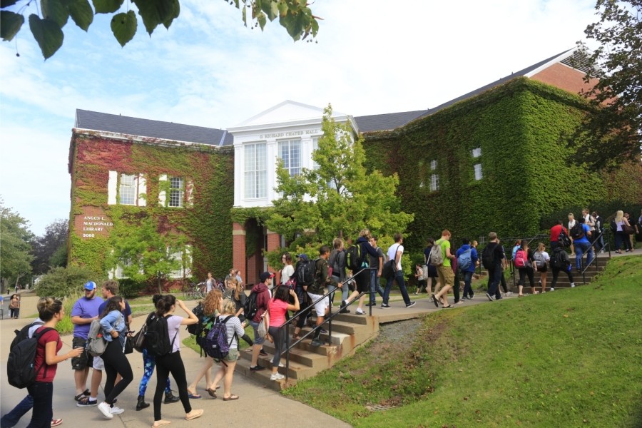 Group of students walking past the Angus L. MacDonald Library on a sunny day