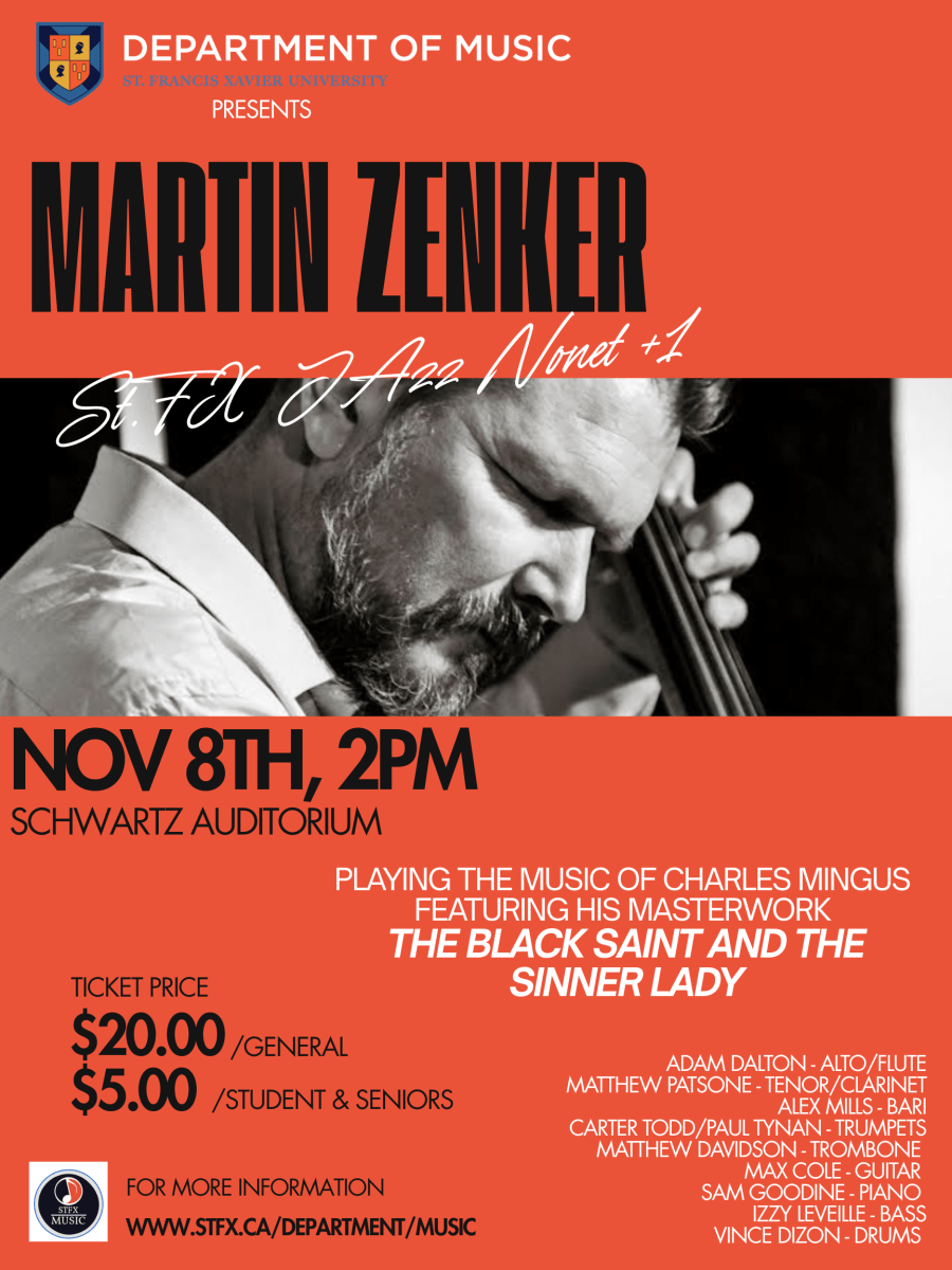 Bassist, MARTIN ZENKER w/ StFX JAZZ NONET+1 - Nov. 8 @ 2pm, Schwartz Auditorium