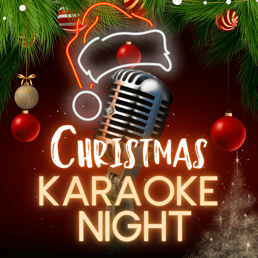 "Christmas Karaoke Night." The festive design features holiday elements like ornaments, greenery, and a microphone adorned with a neon Santa hat outline. The glowing text adds a cheerful and warm holiday atmosphere.