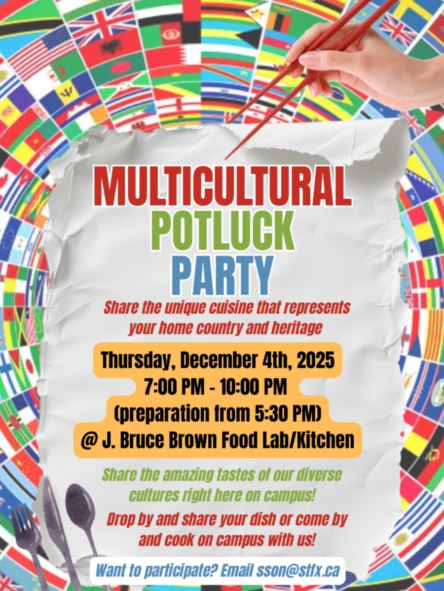Grey background with flags from around the world surrounding text inviting reader to Multicultural Potluck at J. Bruce Brown Food Lab, Room 259 on December 4