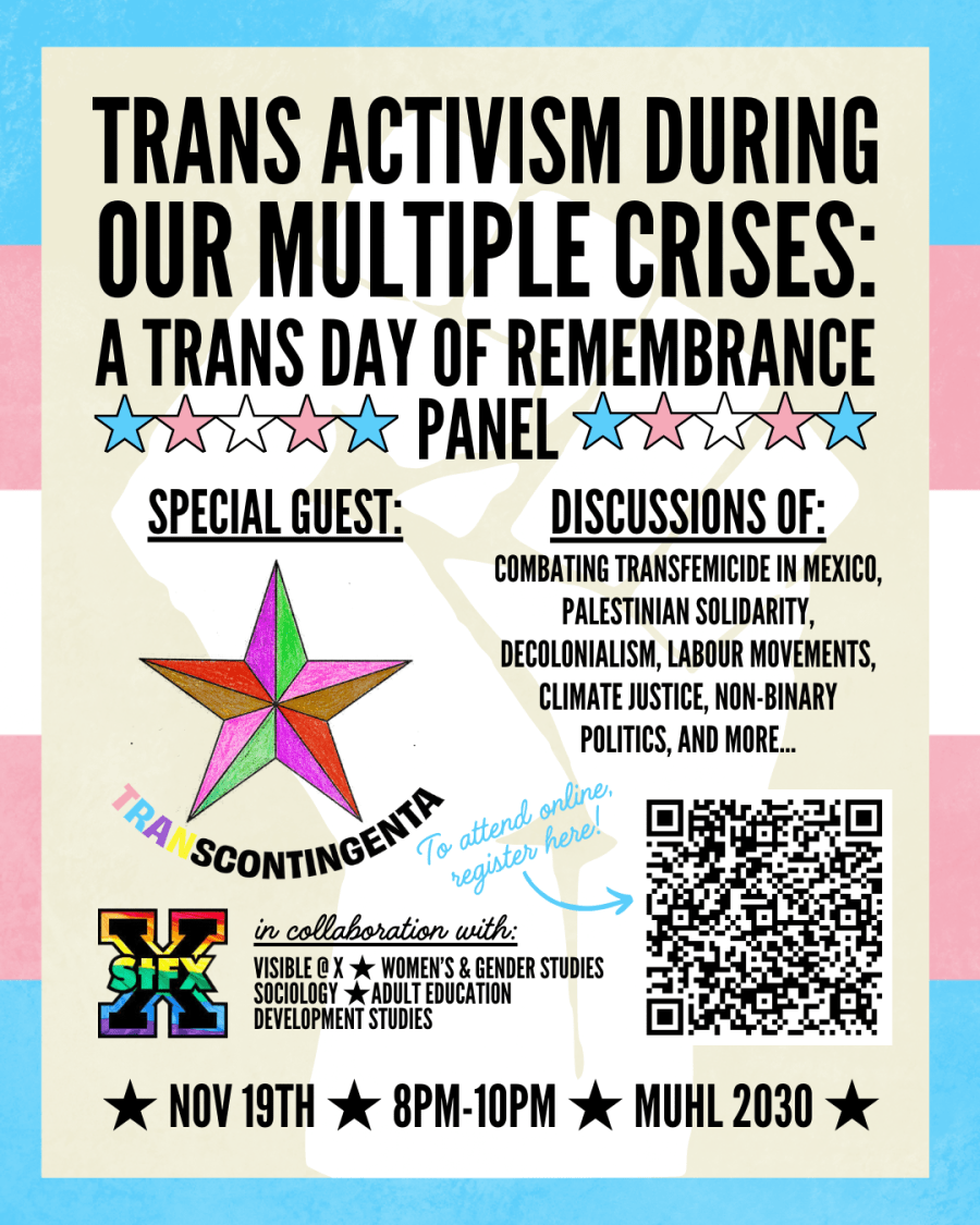 TDOR Panel information in event announcement, with a border in the trans pride colours, a QR code to register, a star, and the logo for the GDSA office