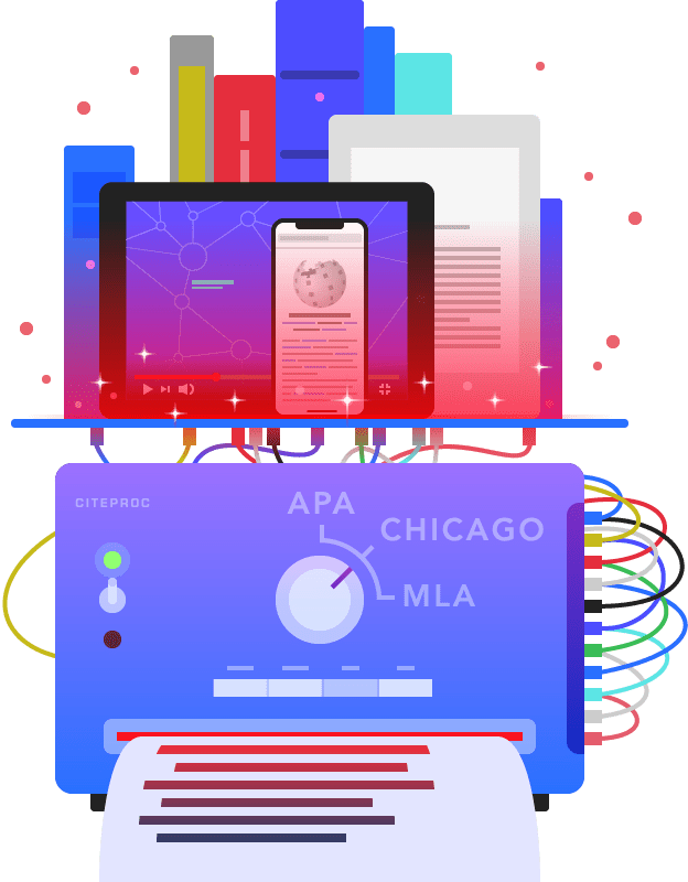 Colourful image of books, a computer, a phone and a printing machine with the words APA, Chicago and MLA