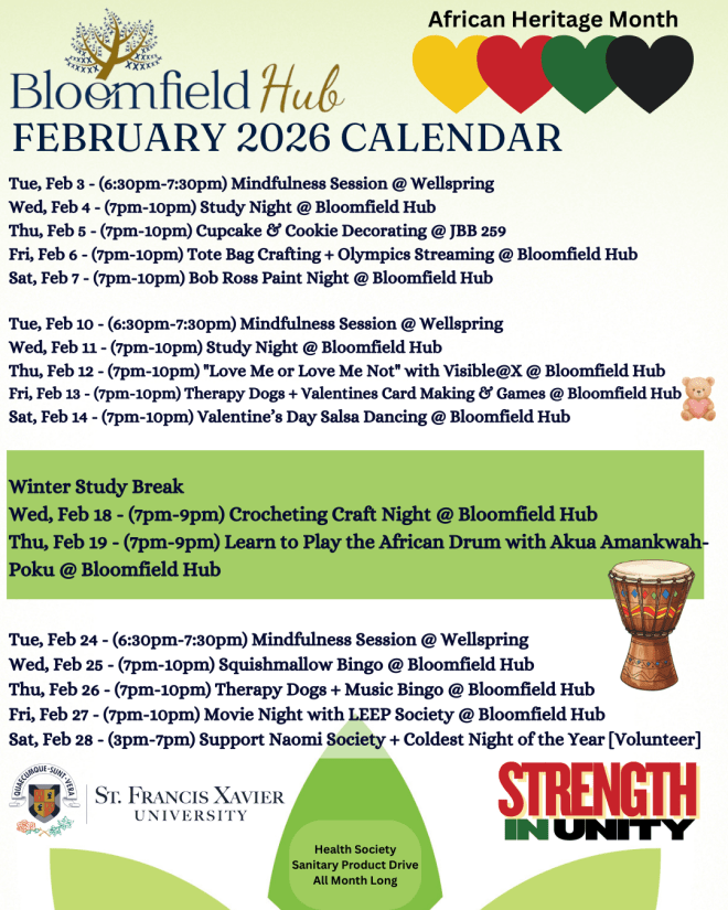February 2026 Bloomfield HUB Monthly Calendar of Events