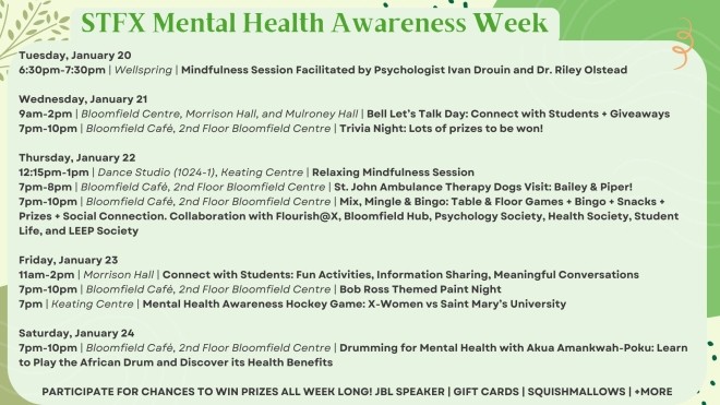 Green background with black text outlining STFX Mental Health Awareness Week Schedule