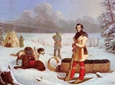 Painting showing people and dogs in the snow
