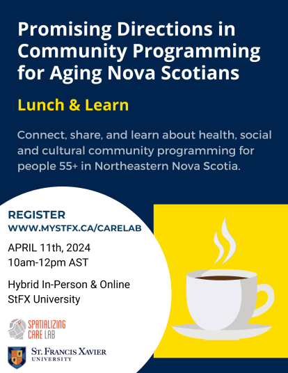 Text in white font reads &quot;Promsing Directions in Community Programming for Aging Nova Scotians&quot; against a navy blue background with a picture of white teacup in a yellow square in the lower right corner.