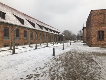 Snowy pathway in Auschwitz concentration camp