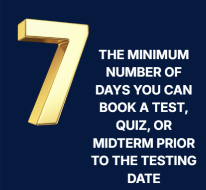 Gold 7 on navy background with white text that says 7 is the minimum number of days to book tests with TCAL